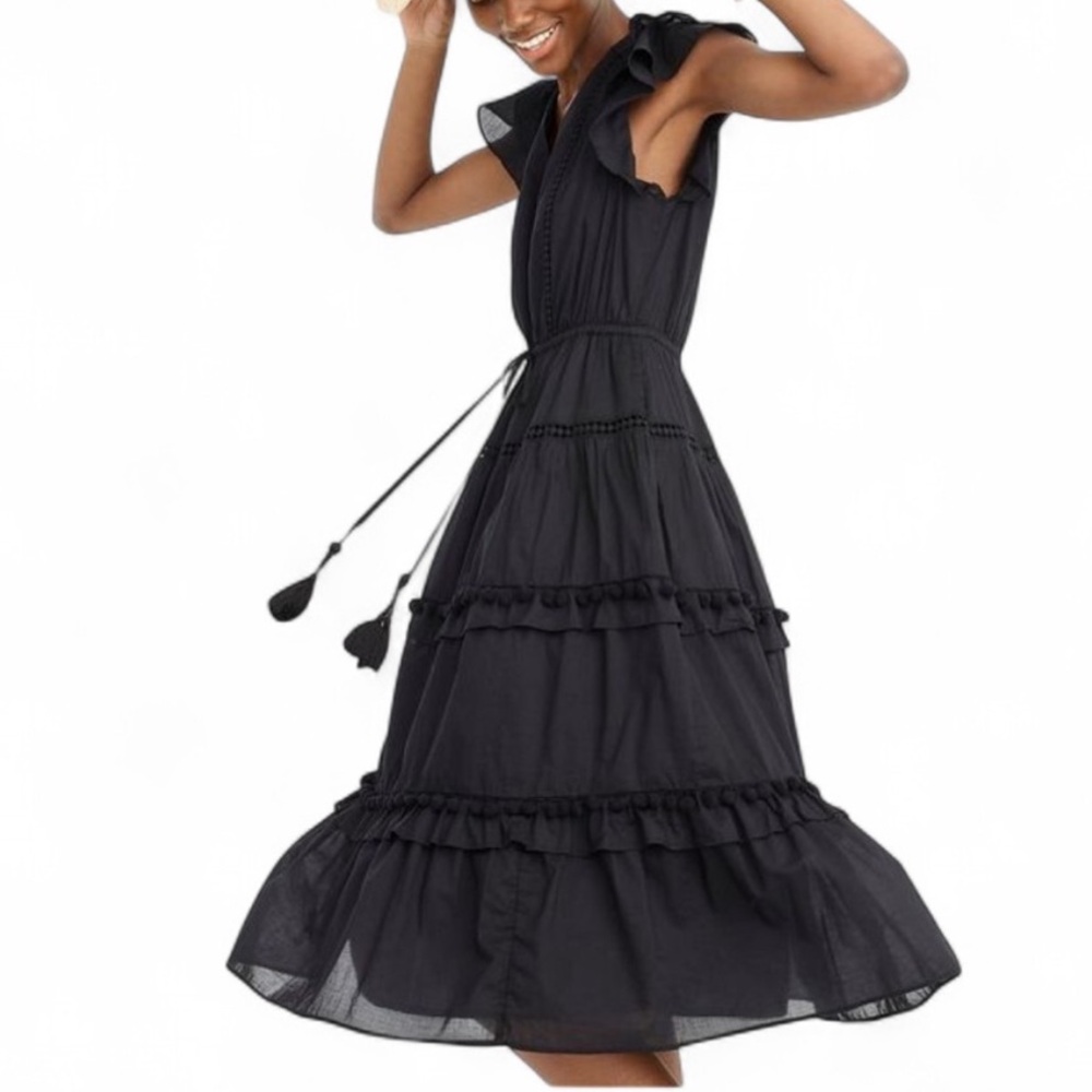 J‎ Crew black pom-pom midi dress cotton voile w flutter sleeves v-neck Size 4